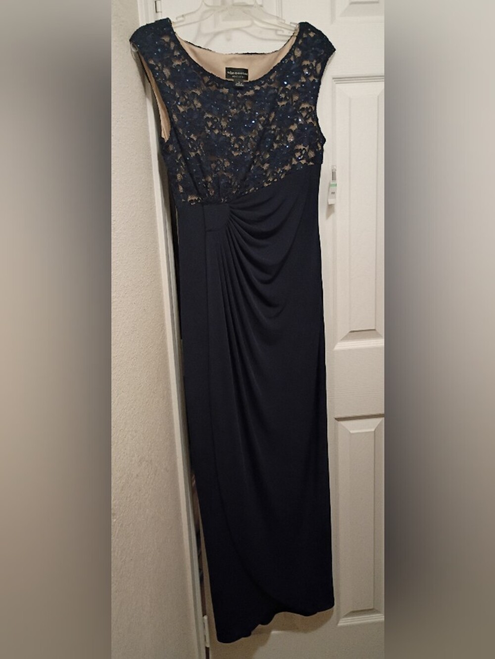 Connected Apparel Navy/Nude Glitter Lace  Sleeveless  Slit  Maxi Dress  8 NWT